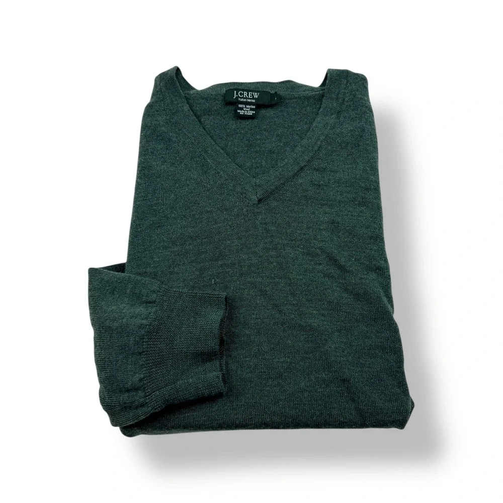 J Crew Italian Merino Wool V Neck Sweater Men's Large Forest Green‎